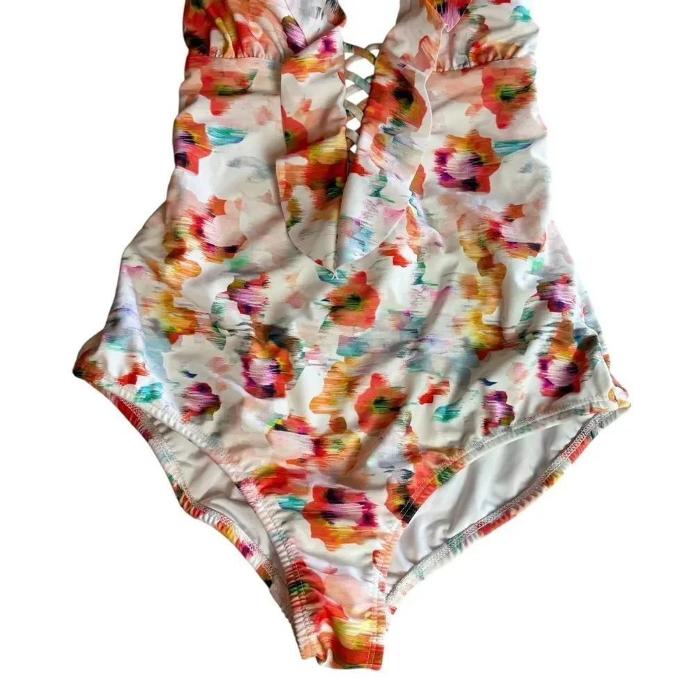 Shoshanna Deep V Halter One Piece Lace Up Swimsuit Bathing Suit Size 6 $230